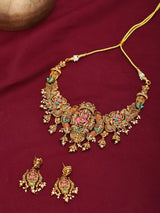 Goddess Lakshmi Peacock Motif Temple Brass Haram Necklace Set