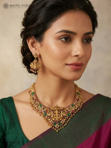 Goddess Lakshmi Temple Brass Haram Necklace and Earrings Set