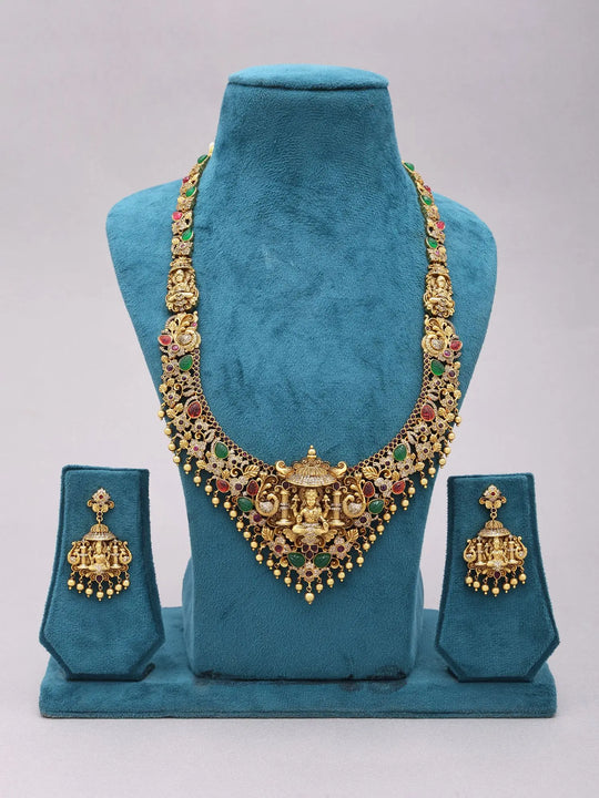 Goddess Lakshmi Temple Brass Haram Necklace and Earrings Set