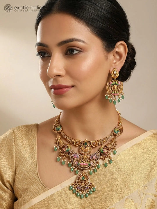 Goddess Lakshmi Temple Haram Necklace Set with Green Drops