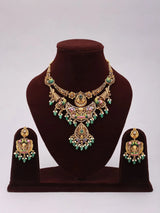 Goddess Lakshmi Temple Haram Necklace Set with Green Drops
