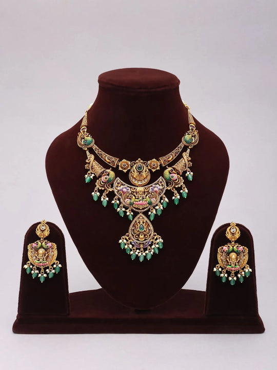 Goddess Lakshmi Temple Haram Necklace Set with Green Drops
