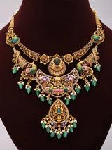 Goddess Lakshmi Temple Haram Necklace Set with Green Drops
