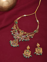Goddess Lakshmi Temple Haram Necklace Set with Green Drops