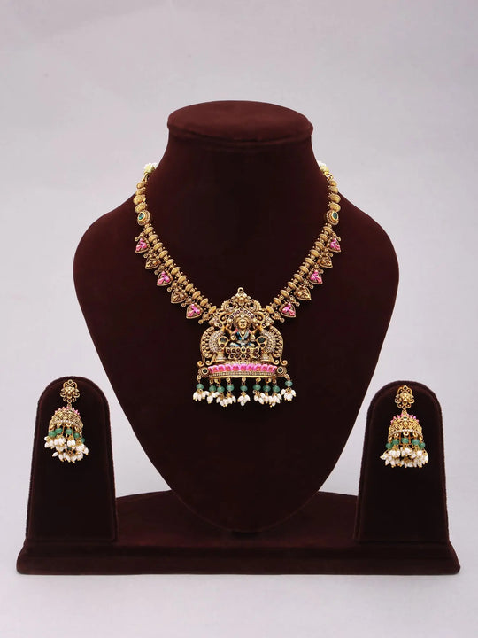 Goddess Lakshmi Temple Brass Necklace with Jhumka Earrings