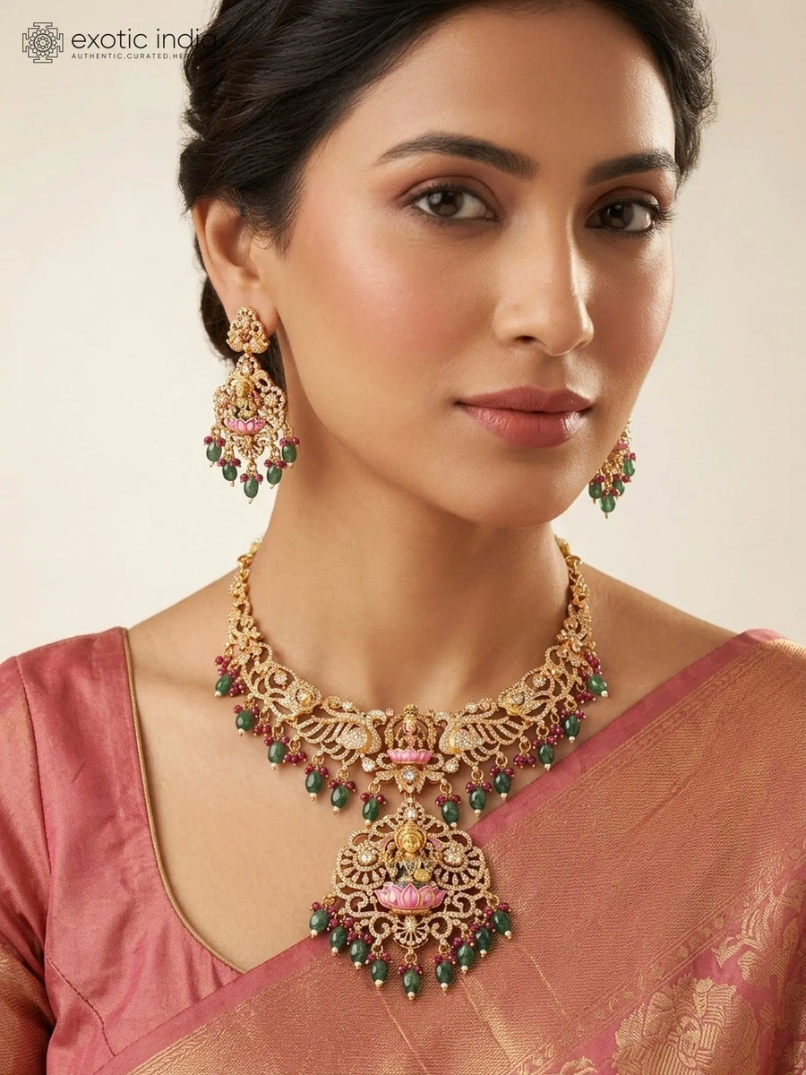 Goddess Lakshmi Temple Brass Necklace and Earrings Set