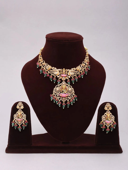 Goddess Lakshmi Temple Brass Necklace and Earrings Set