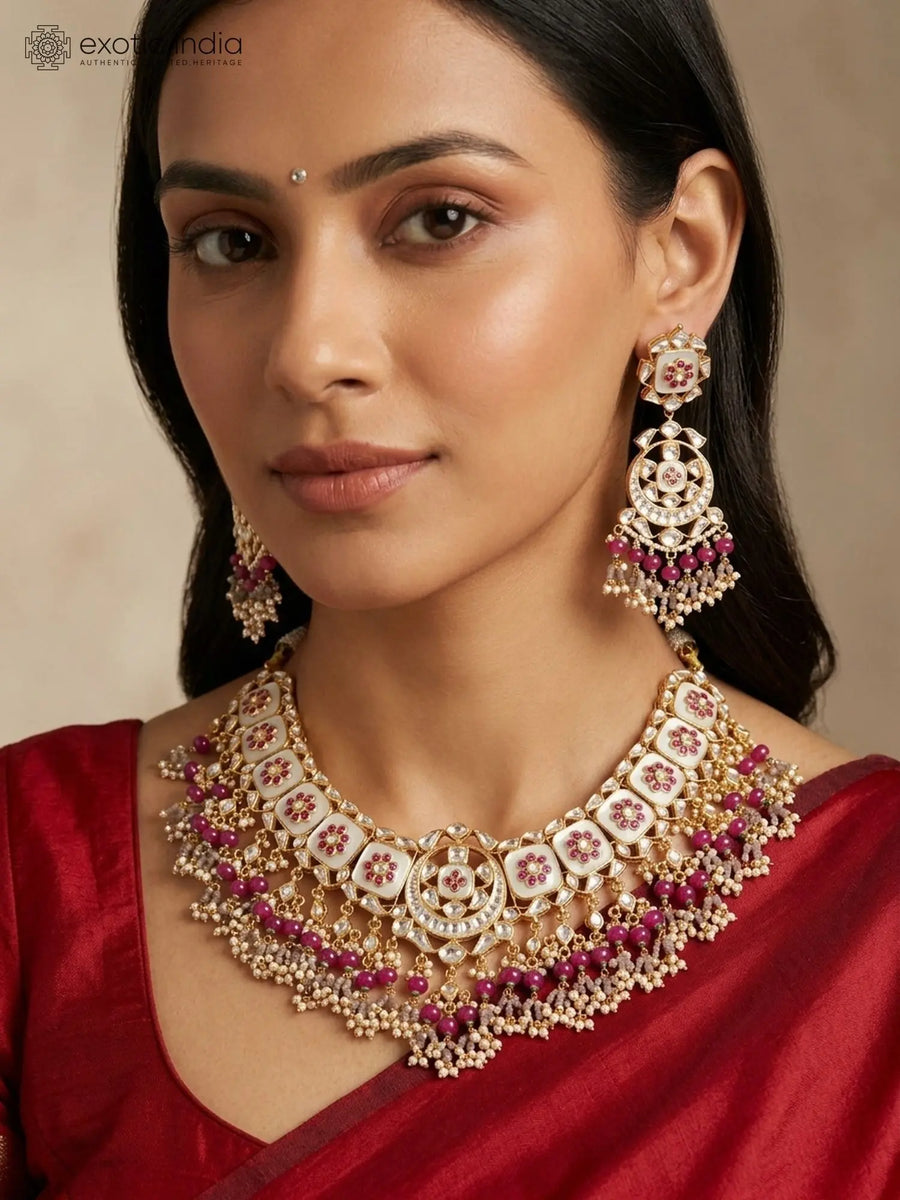 Pink Floral Kundan Necklace and Earrings Set with Bead Tassels
