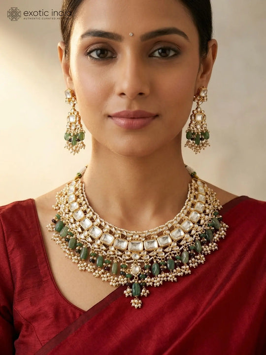 Emerald Green Bead Kundan Bridal Choker and Earrings Set