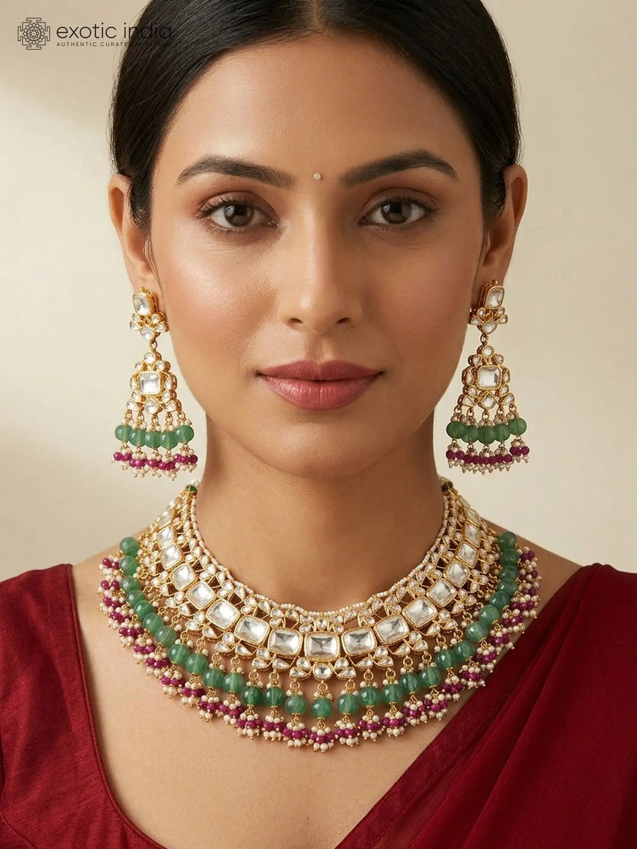 Kundan Bridal Choker and Earrings Set with Green Bead Drops