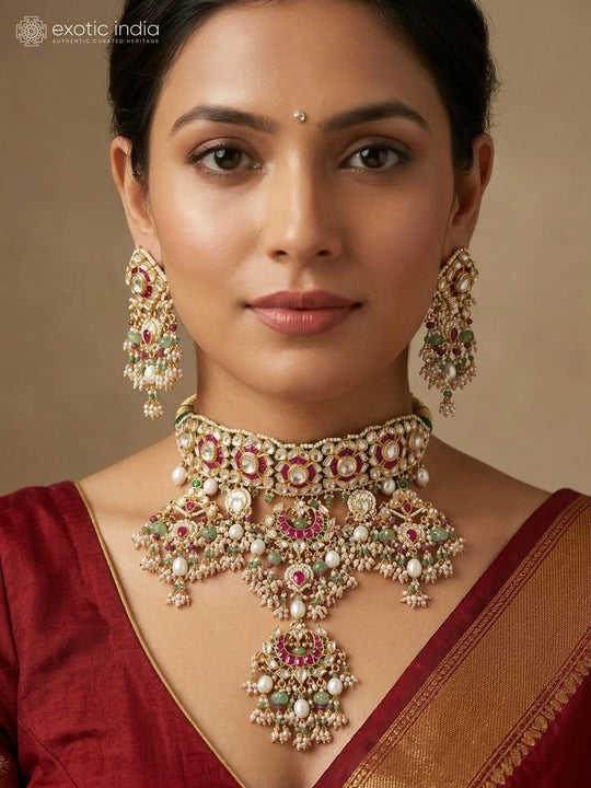 Floral Crescent Bridal Kundan Choker and Earrings Set