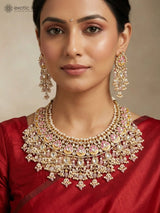Pink Lotus Kundan Necklace and Earrings Set with Pearl Drops