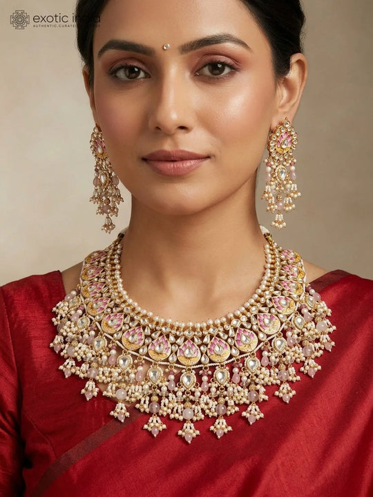 Pink Lotus Kundan Necklace and Earrings Set with Pearl Drops