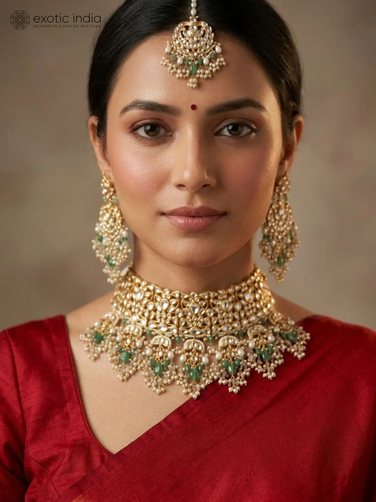Polki Bridal Necklace Earrings and Maang Tikka Set in Copper