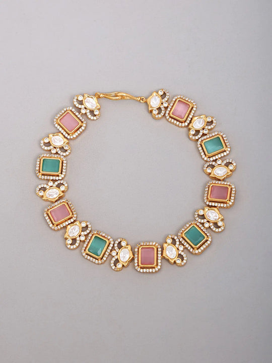 Pastel Kundan Bridal Choker Set with Earrings in Brass
