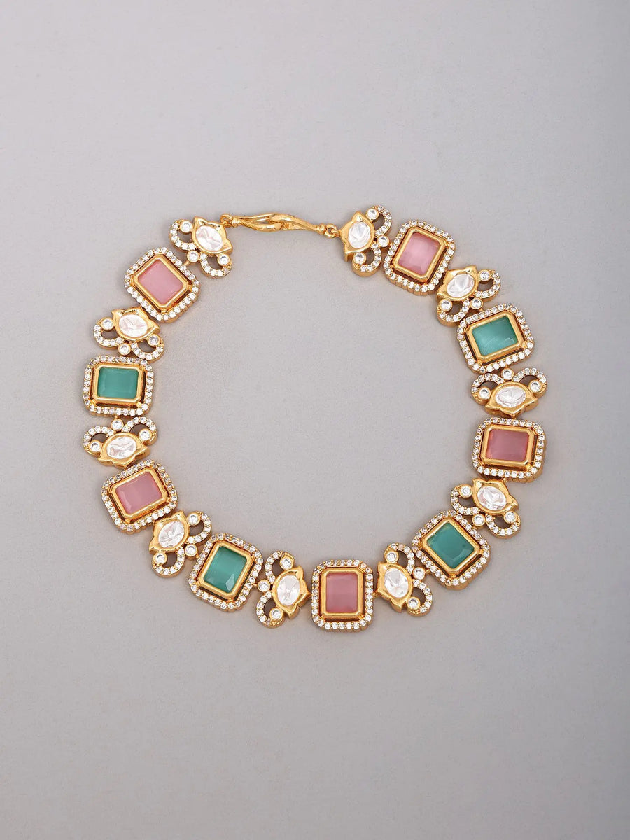 Pastel Kundan Bridal Choker Set with Earrings in Brass