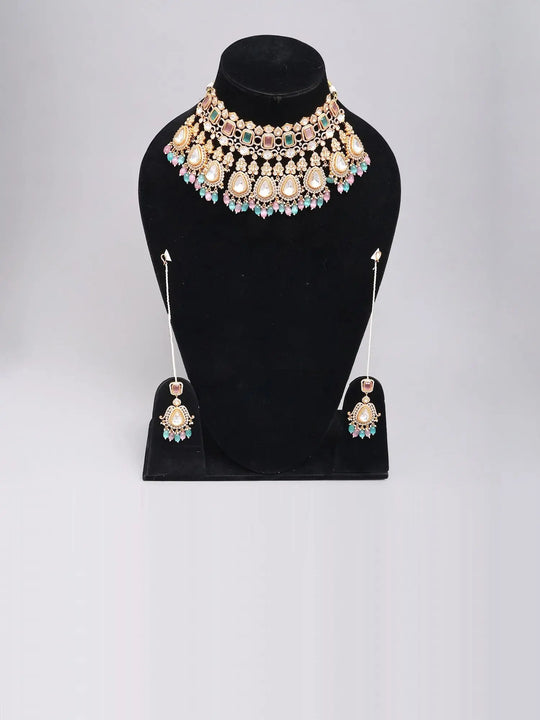 Pastel Kundan Bridal Choker Set with Earrings in Brass