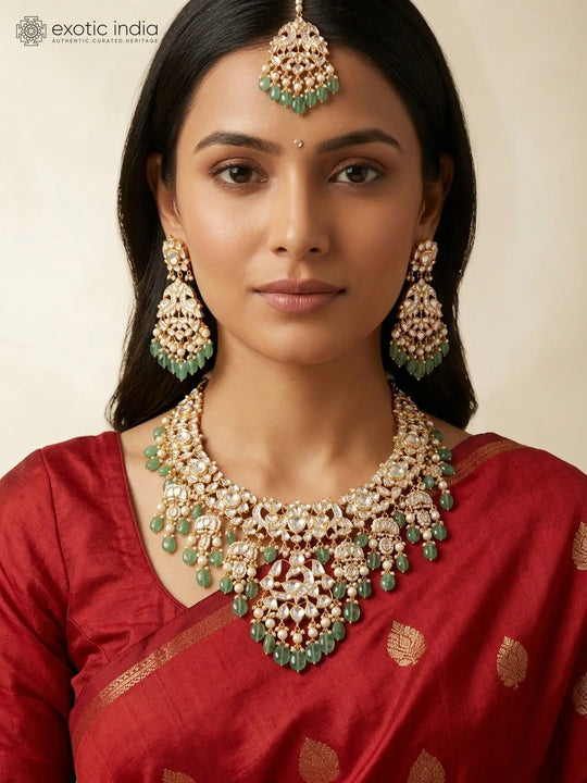 Emerald Green Bead Kundan Choker and Earrings Set