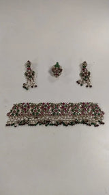 Floral Stone Studded Copper Necklace Set with Ring