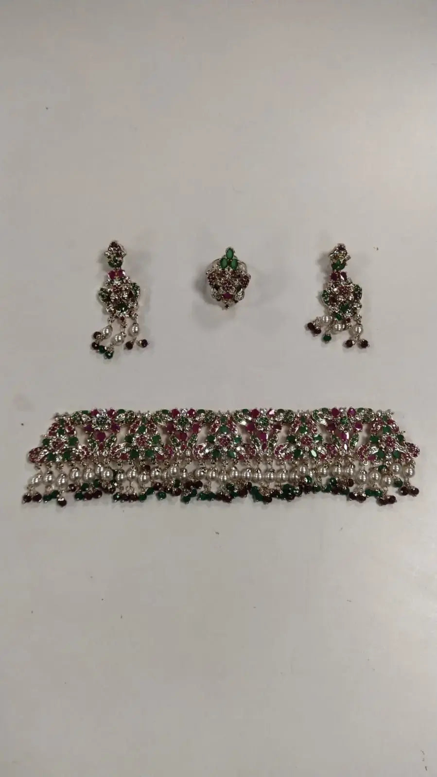 Floral Stone Studded Copper Necklace Set with Ring
