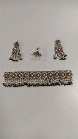 Floral Stone Studded Copper Necklace Set with Ring