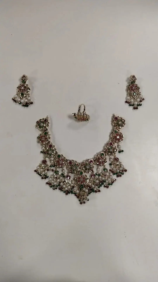 Floral Stone Studded Copper Necklace Set with Ring