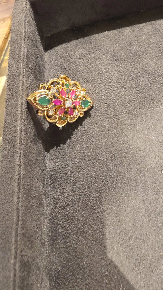 Floral Stone Studded Copper Necklace Set with Ring
