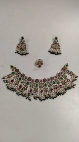 Kundan and Pearl Drop Copper Necklace Set with Ring