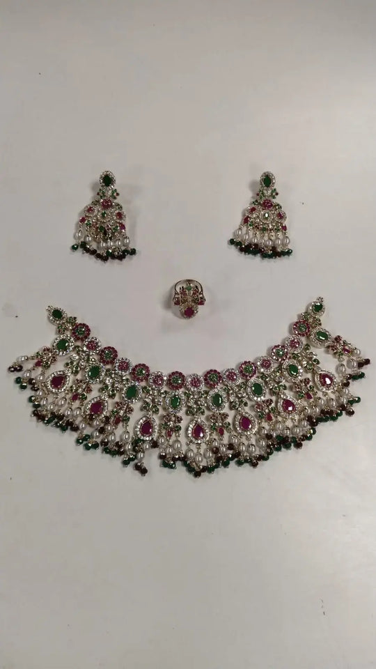 Kundan and Pearl Drop Copper Necklace Set with Ring