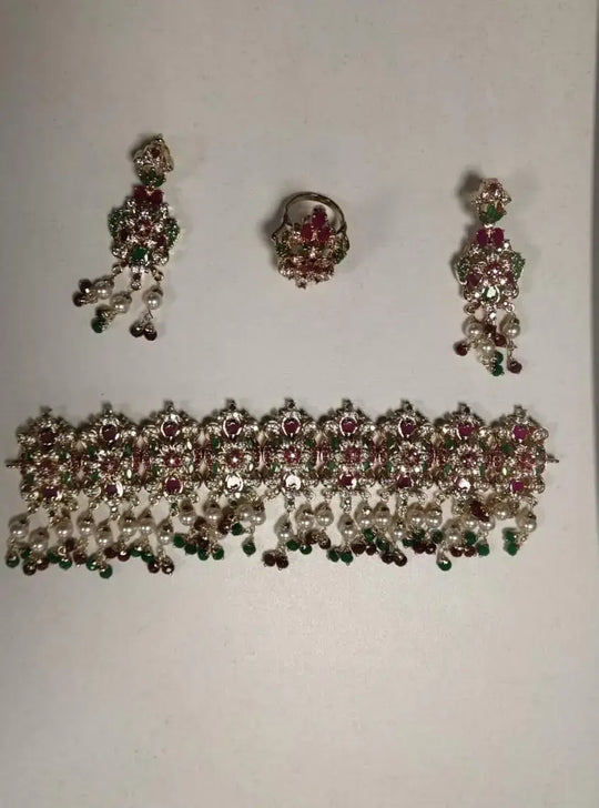 Floral Stone Studded Copper Necklace Set with Ring