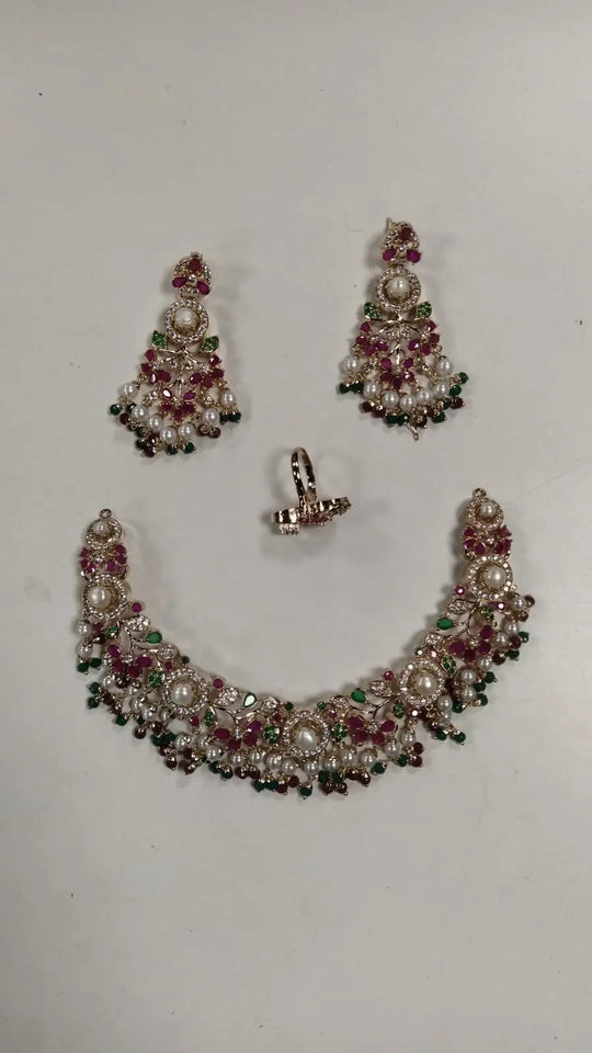 Floral Stone Studded Copper Necklace Set with Ring