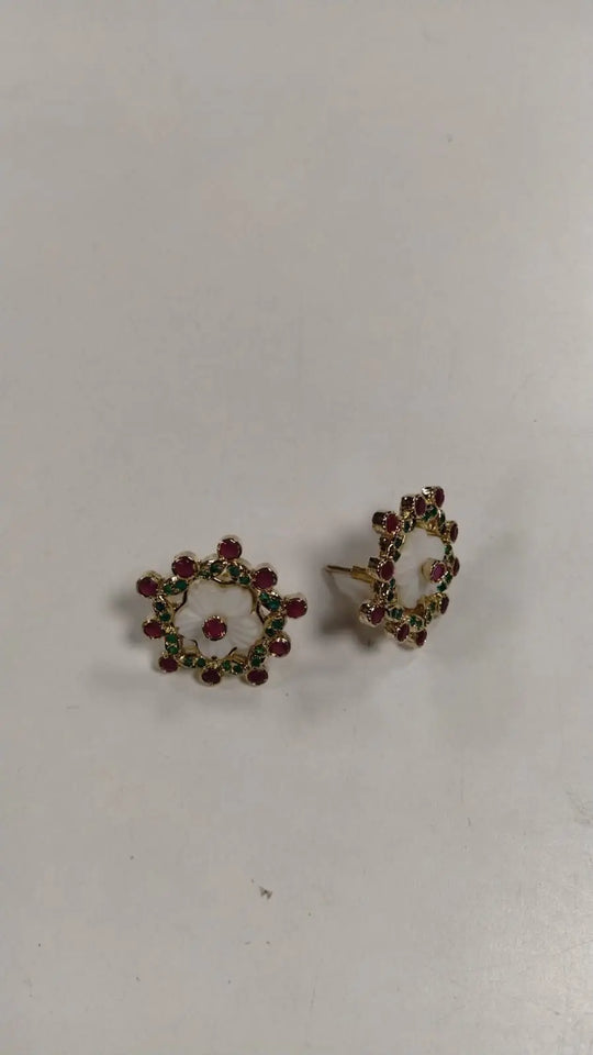 White Floral Stone Studded Copper Stud Earrings