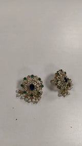 Floral Stone Studded Copper Earrings with Pearl Drop