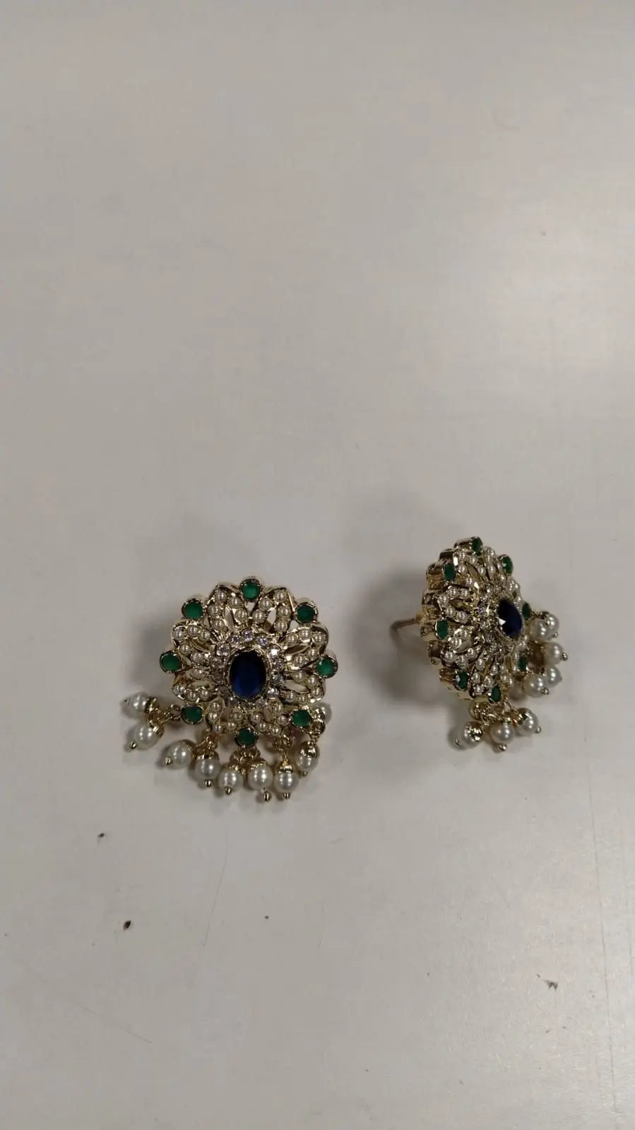 Floral Stone Studded Copper Earrings with Pearl Drop