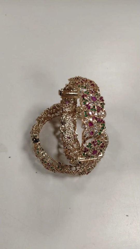 Pink and Green Stone Studded Openable Bridal Bangles Pair
