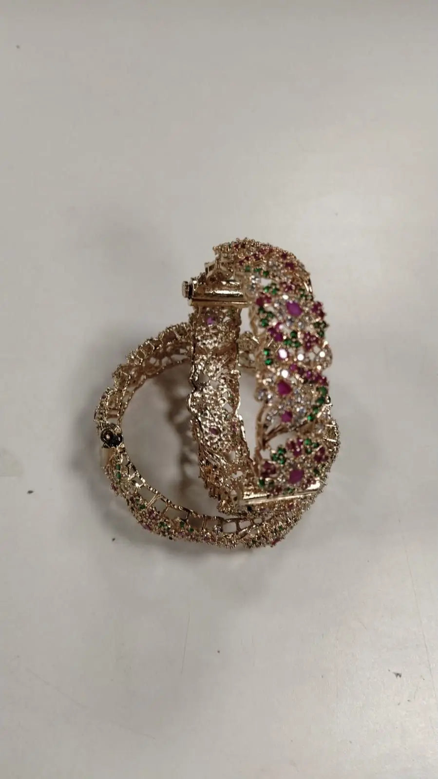 Pink and Green Stone Studded Openable Bridal Bangles Pair