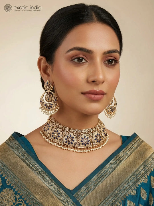 Blue Meenakari Floral Necklace and Earrings Set with Pearl Drop