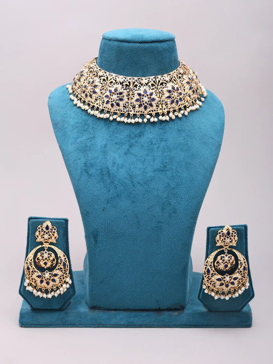 Blue Meenakari Floral Necklace and Earrings Set with Pearl Drop