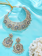 Blue Meenakari Floral Necklace and Earrings Set with Pearl Drop