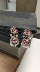 Red Kundan and Pearl Drop Earrings in Copper