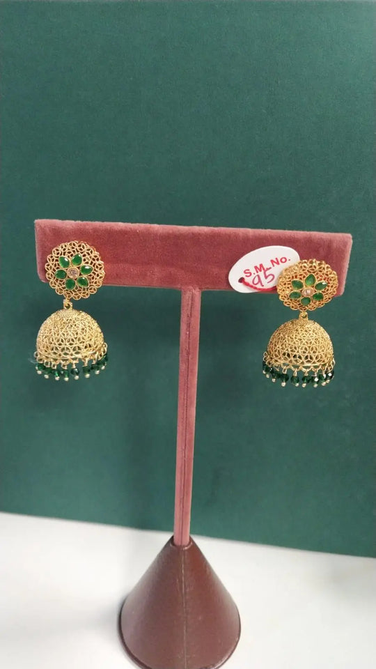 Floral Kundan Jhumka Earrings in Green and Pink