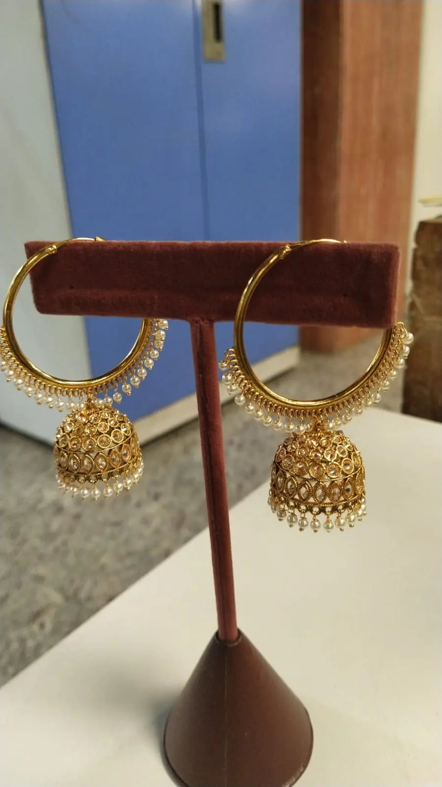 Polki Stone Brass Hoop Jhumka Earrings with Bead Drops