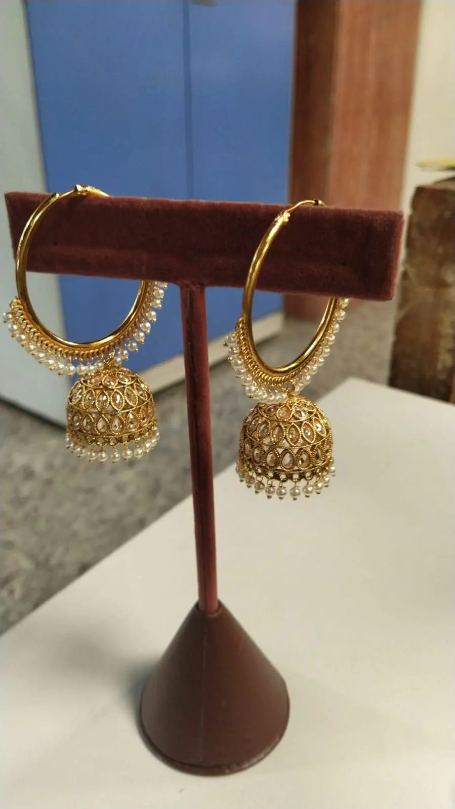 Polki Stone Studded Hoop Jhumka Earrings with Bead Drops