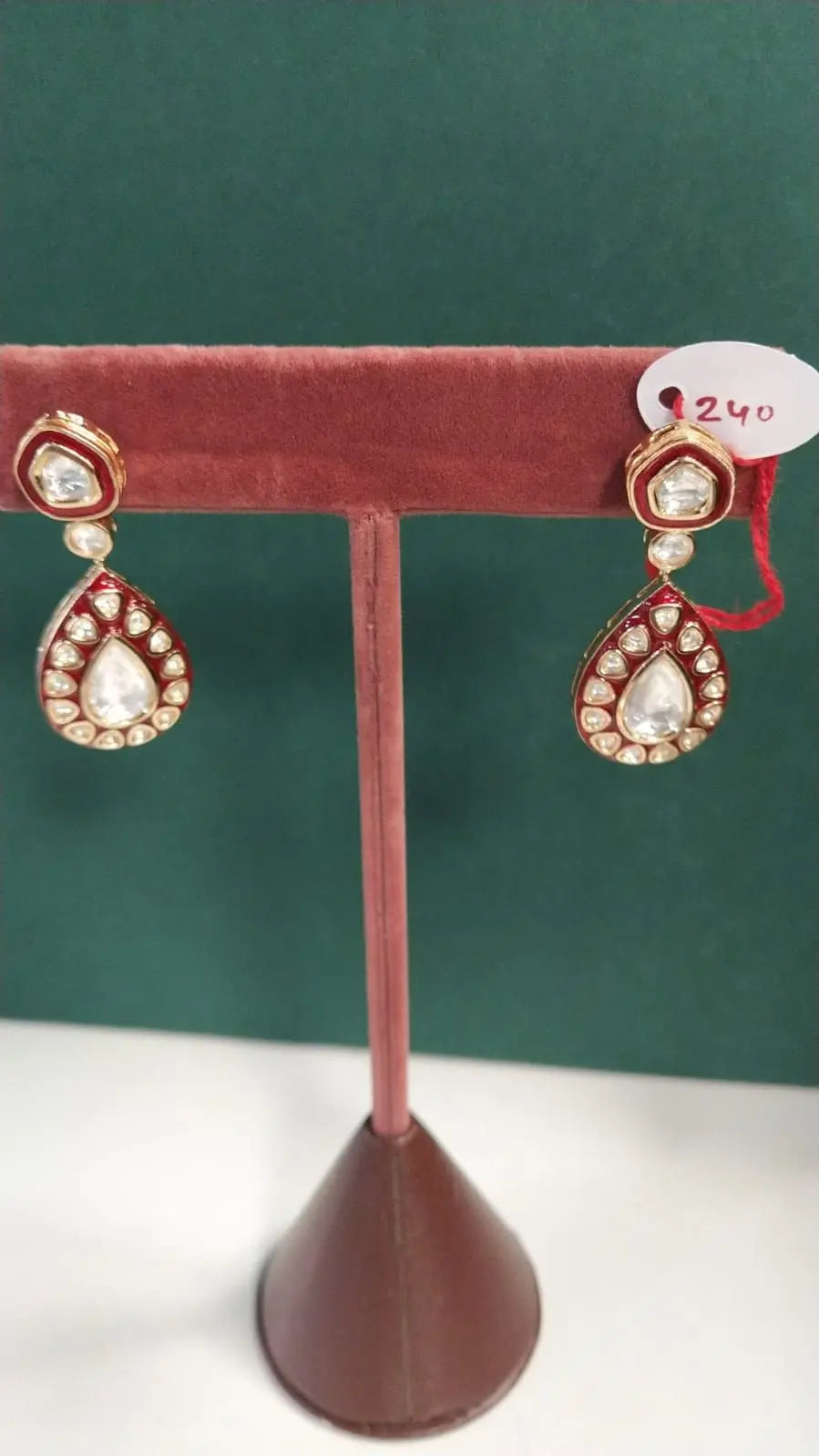 Kundan Green and Red Stone Studded Brass Earrings