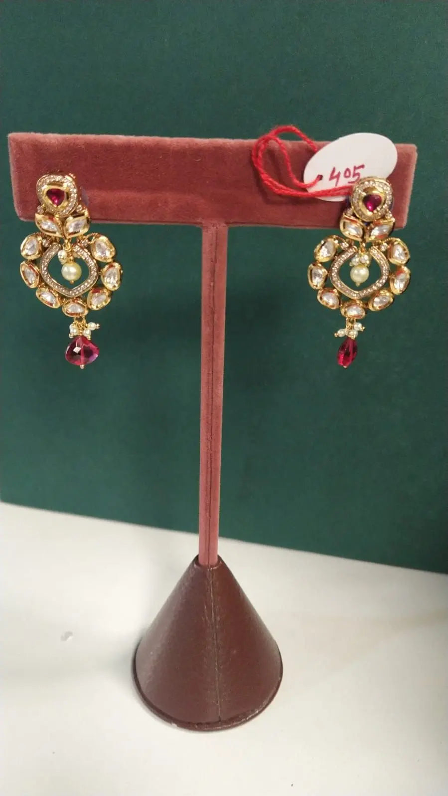 Polki and Kundan Brass Earrings with Bead Drop
