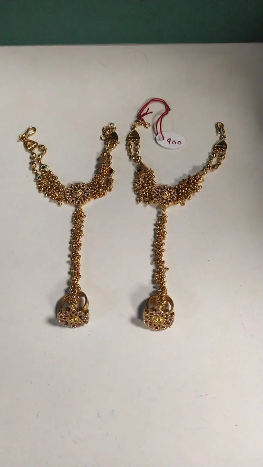 Floral Ghungroo Drop Brass Hathphool Bracelet