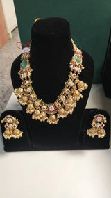 Kundan Rajwadi Necklace and Jhumka Earrings Set in Brass