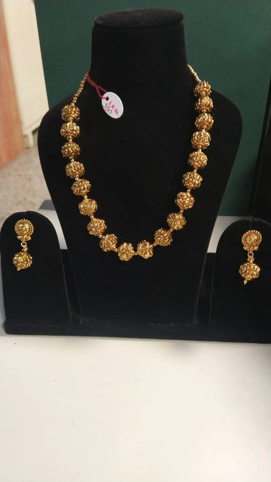 Floral Beaded Brass Necklace and Earrings Set