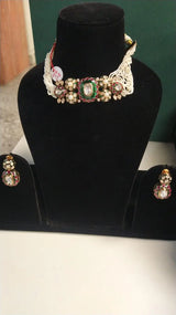White Kundan Multi Strand Choker and Earrings Set