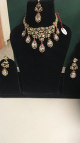 Floral Stone Studded Brass Necklace Set